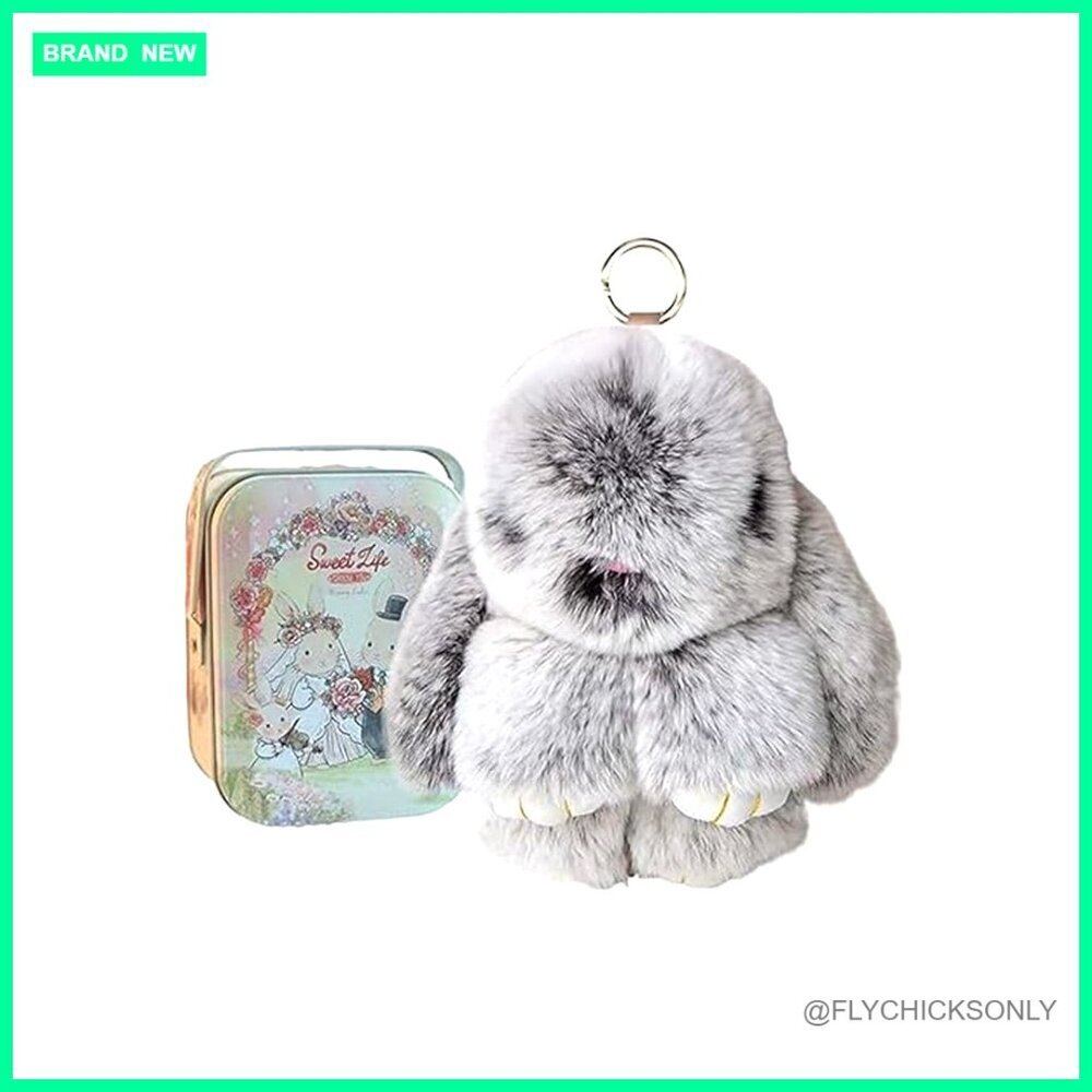 Large Plush Bunny Keychain with Tin Box, Novelty Faux Fur Accessory